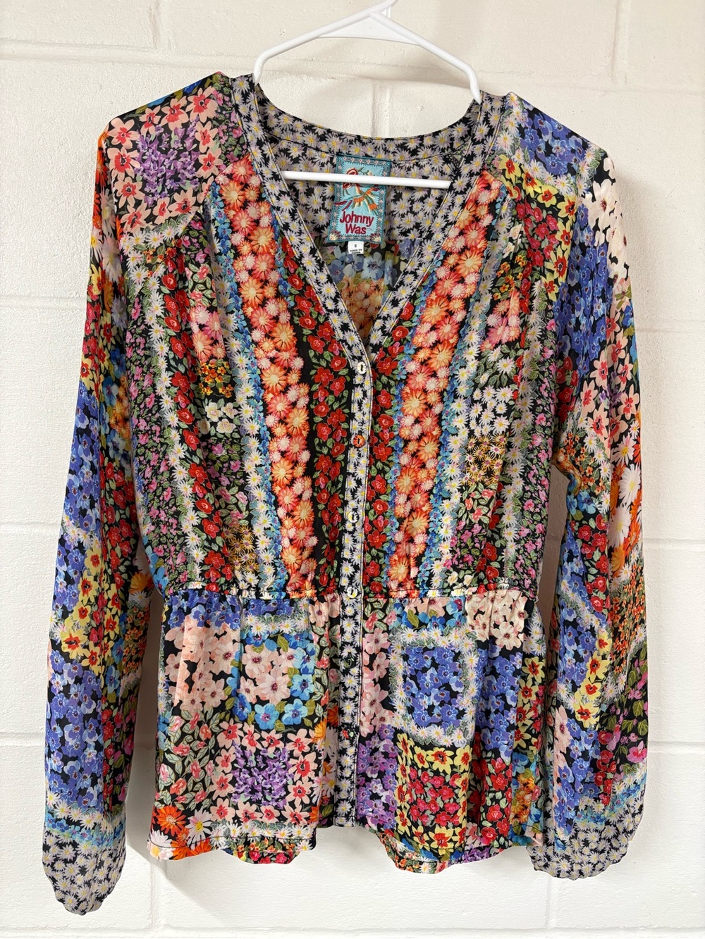 Johnny Was Multi Floral Patchwork Button Front Blouse - Fawn Top